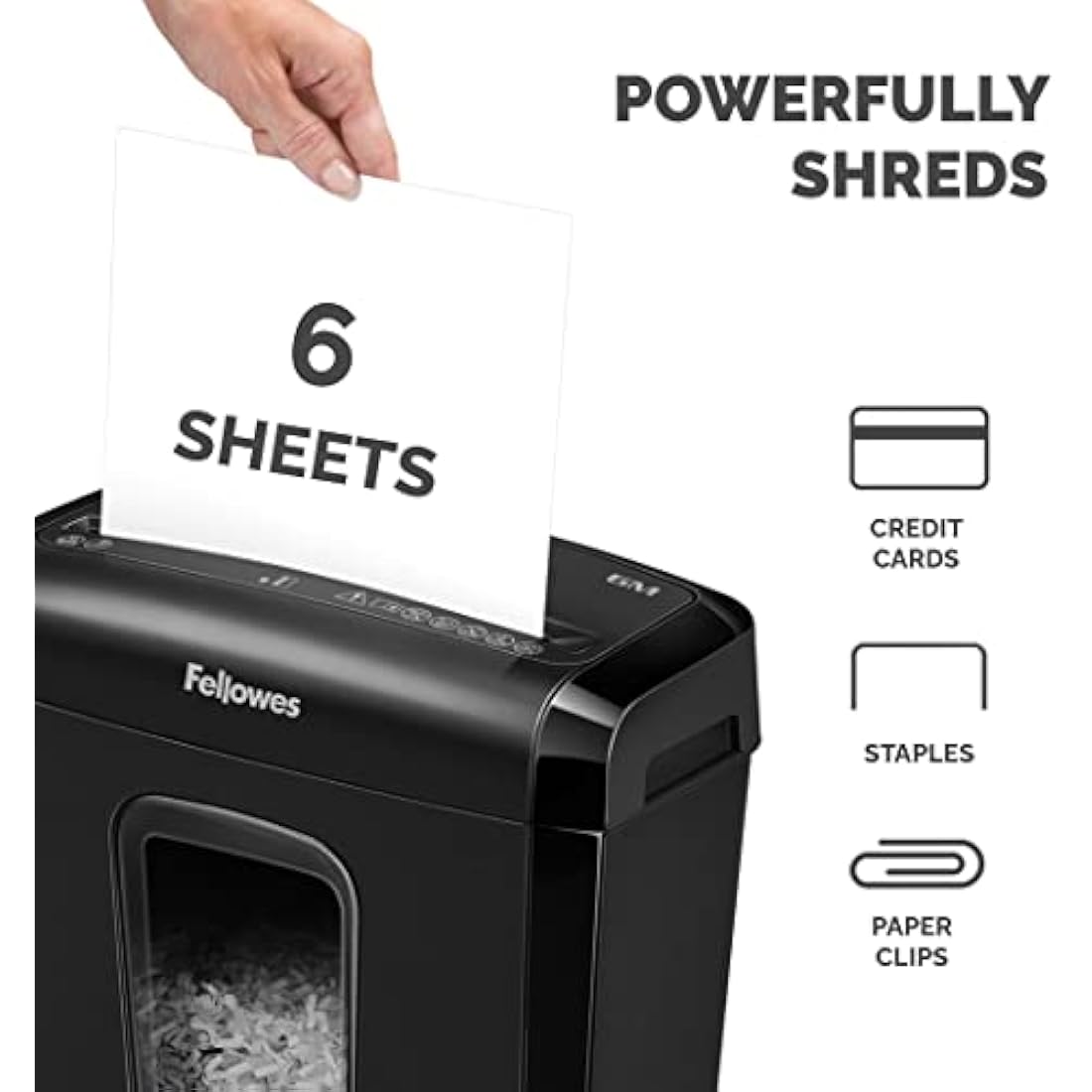 Fellowes Paper Shredder for Home Office Use - 6 Sheet Mini Cut Shredder for Home and Personal Use - Deskside Shredder with 13 Litre Bin and Safety Lock - Powershred 6M - Advanced Security P4 - Black