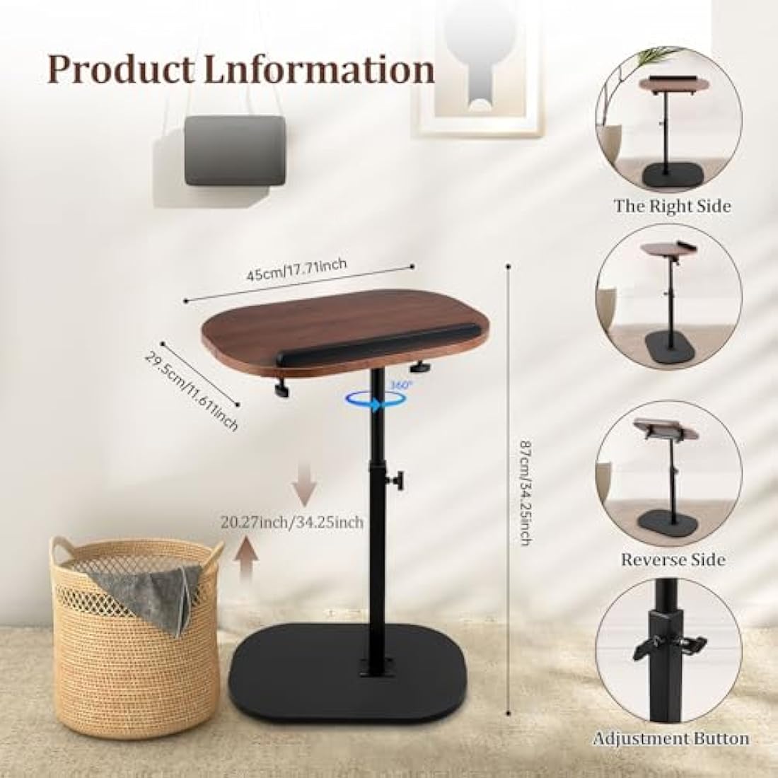 Neulriscn C Shaped Side Table, Height Adjustable C-Shaped End Table, 360° Swivel End Tables, Slide Under Couch Tables, Metal Frame, Small Snack Coffee Tray for Sofa, Bed, Bathtub, Living Room, Bedroom