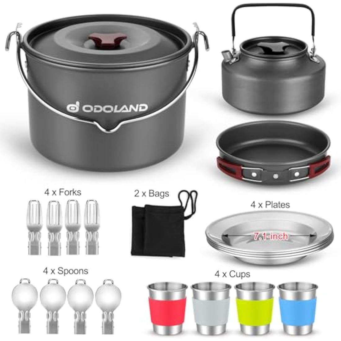 Odoland Camping Cookware Kit for 3-4 People Portable Stainless steel Cooking Set for Camping, Backpacking, Outdoor Cooking and Picnic