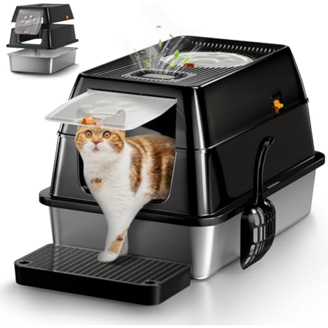 Stainless Steel Cat Litter Tray with Lid, XXL Enclosed Cat Litter Box with High Sided for Big Cats, with Removable Lid &Scoop - Black