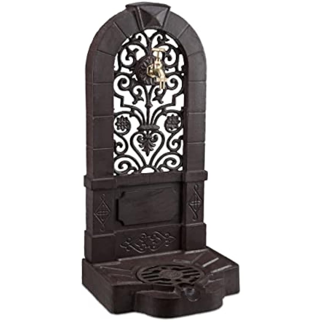 Relaxdays Free Standing Water Fountain, Antique-Style, Nostalgia, Garden, Patio, Faucet, Basin, HxWxD: 74 x 36 x 30 cm, Brown
