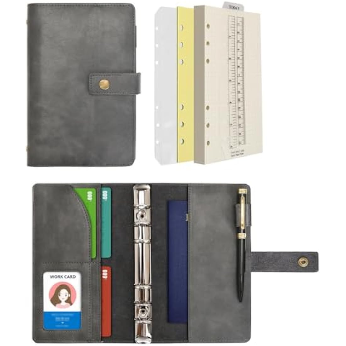 WONDERPOOL A6 Leather Diary Refillable Notebook Spiral Journal Binder Portfolio - Dot Grid Paper & Inner Pockets Organizer for Man and Woman (Grey, A6)