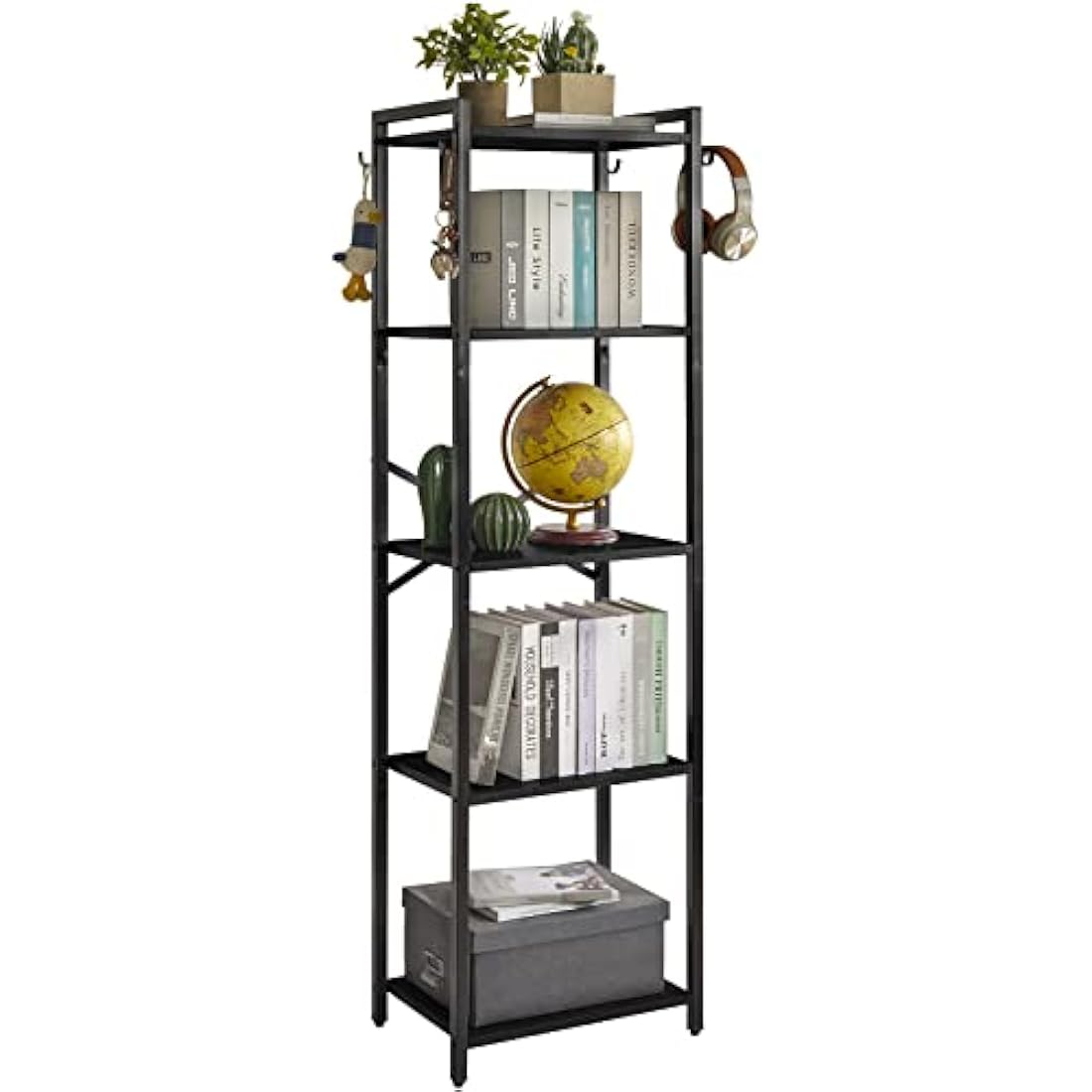 YMYNY Bookshelf,5 Tier Storage Rack, Plant Rack, Storage Rack with Steel Frame,for Living Room, Office, Study, Hallway, Industrial Style, Black HBC005B