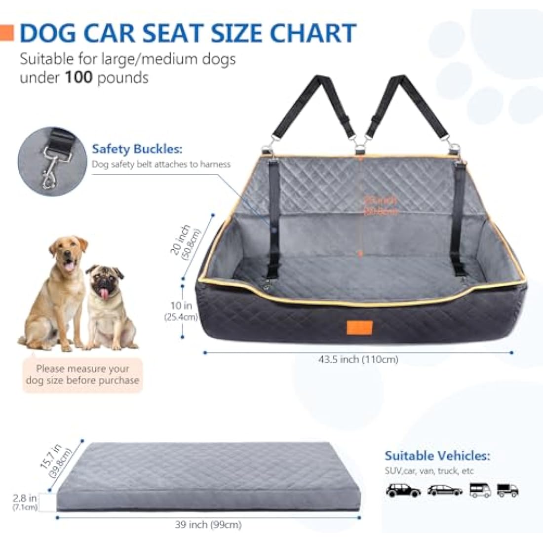 GL GLENSLAVE Dog Car Seat for Large/Medium Dog, Comfortable Dog Car Bed Pet Booster for Back Seat, Fully Detachable & Washable Dog Travel Seat with Thick Cushion (Black/Grey)