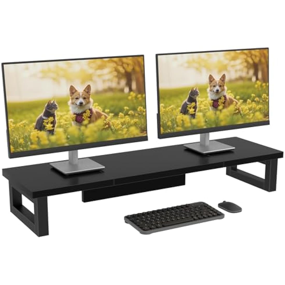 OYRREU Dual Monitor Stand, 91x26cm Desks Shelf, Double Monitor Riser for Laptop PC Computer Screen Monitor Stand Desktop Organiser for Working, Black