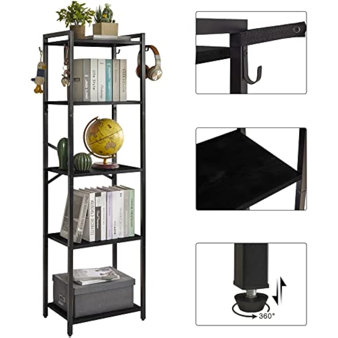 YMYNY Bookshelf,5 Tier Storage Rack, Plant Rack, Storage Rack with Steel Frame,for Living Room, Office, Study, Hallway, Industrial Style, Black HBC005B
