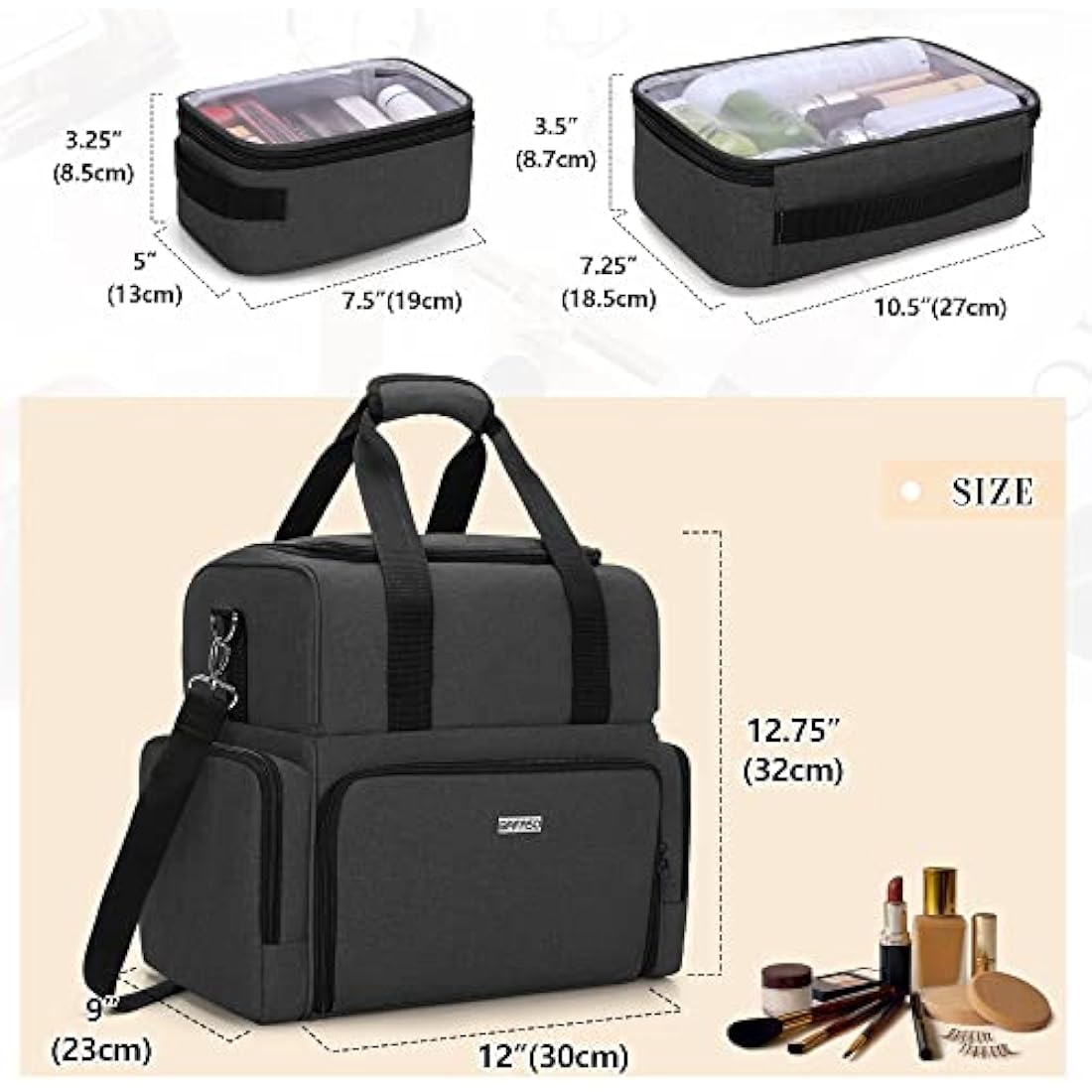 BAFASO 2 Layers Travel Makeup Bag with 3 Inner Removable Pouches, Cosmetic Bag with Detachable Dividers (Patented), Black