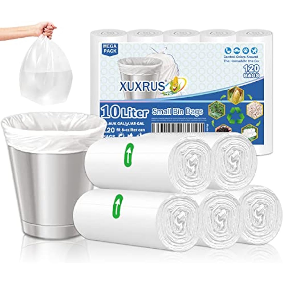 XUXRUS 10 Liter Bin Bags Small Pedal Bin Liners, 120 Count Waste Bags Strong Rubbish Bags for Bathroom, Home, Kitchen (White)