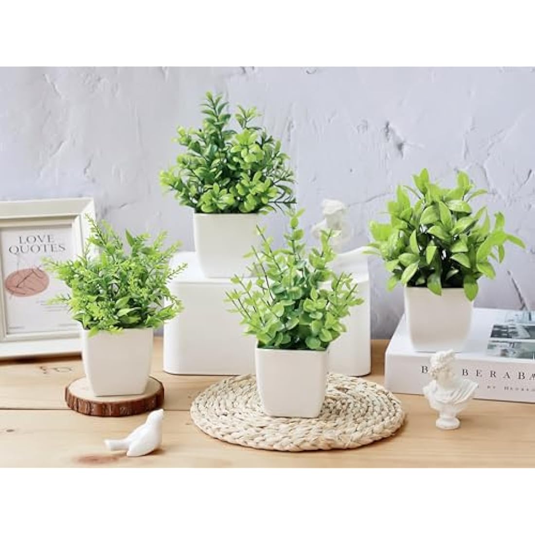Roqueen 4 Pack Mini Fake Plants Small Potted Artificial Plants Plastic Plants for Home Bathroom Office Table Decoration