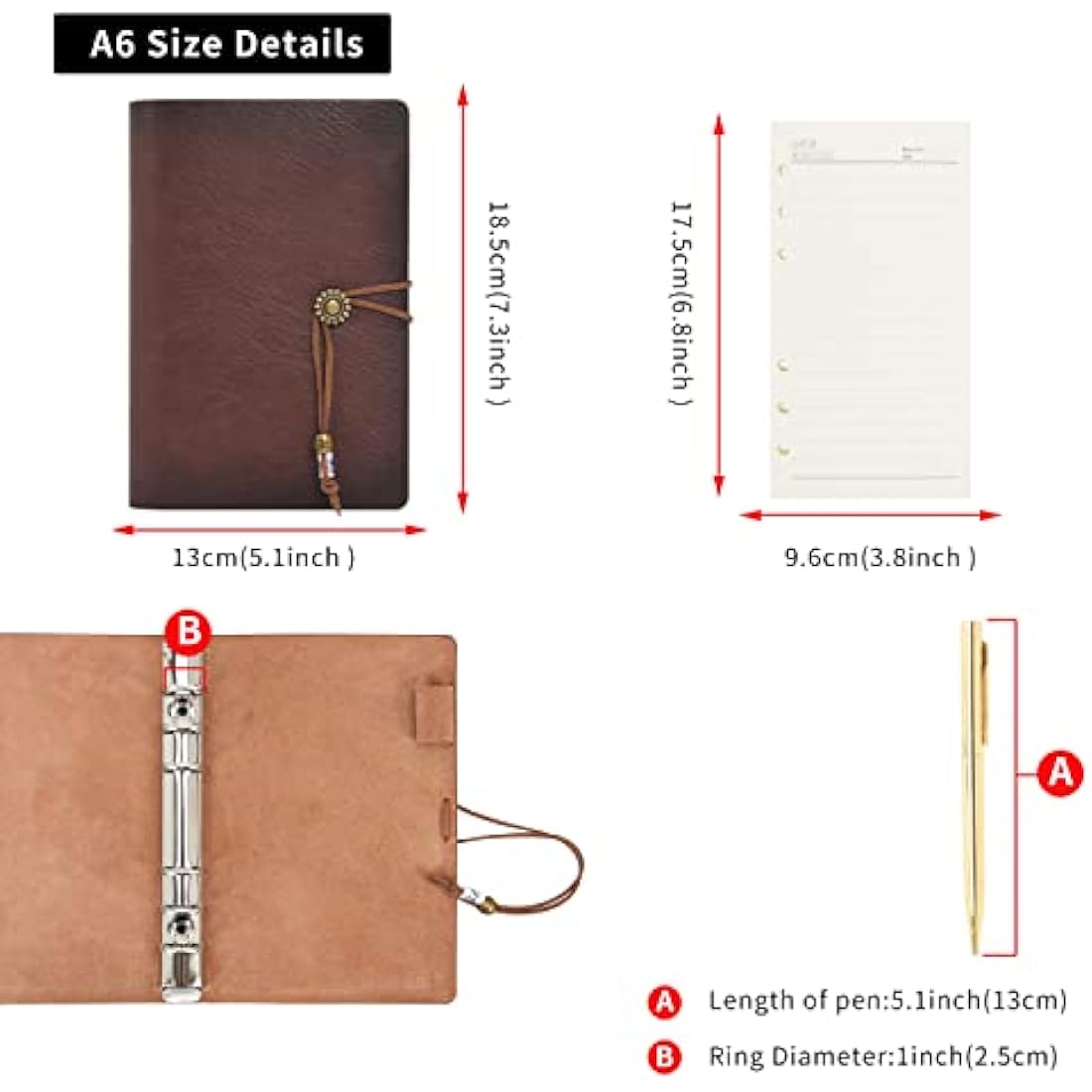 WONDERPOOL A6 Leather Diary Lined Paper Notebook & Pen - Refillable 6 Ring Binder Writing Spiral journal for Office Travel Work and Plan Agenda(a-Coffee, A6)
