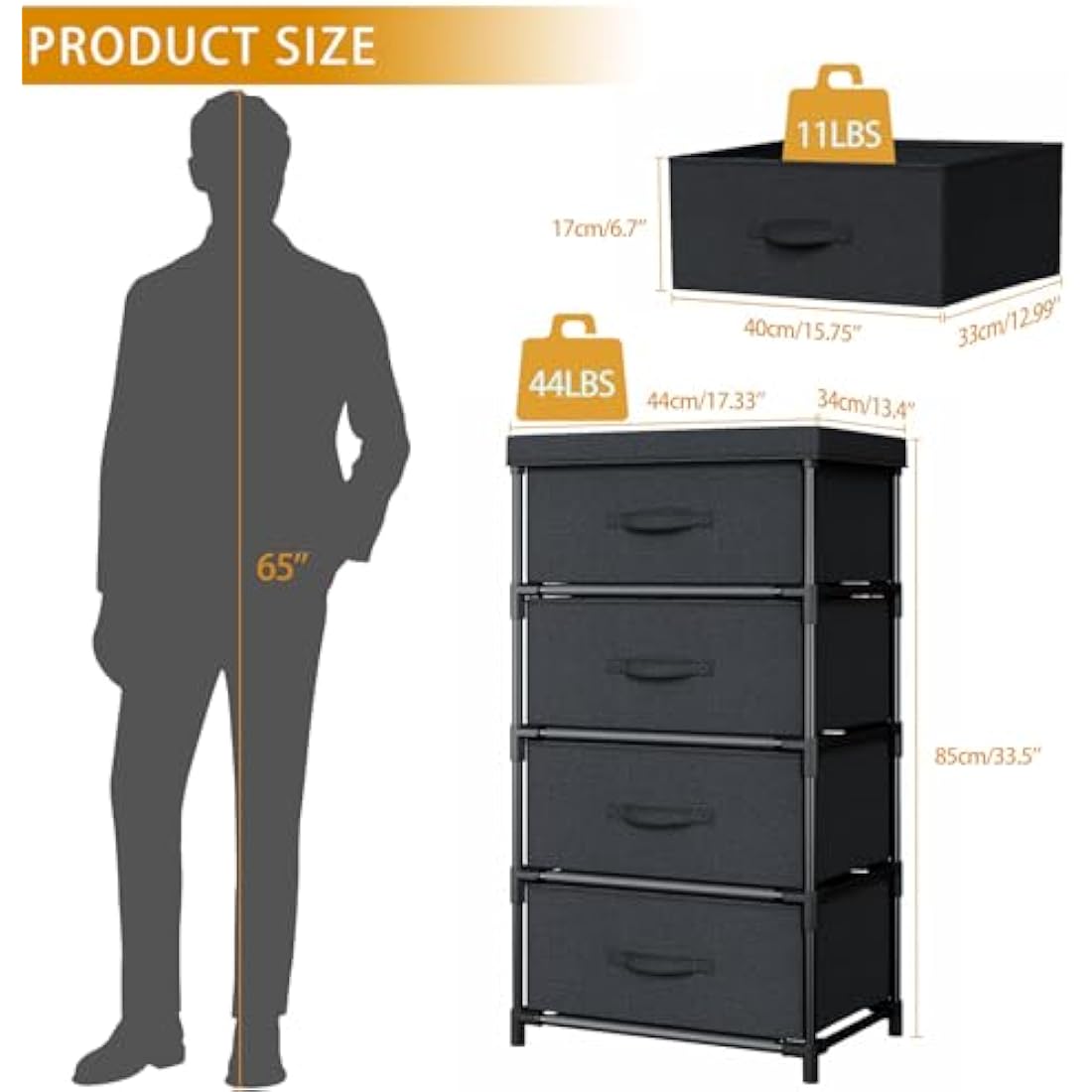 WANGIRL Fabric Chest of Drawers Bedroom, 4 Drawers Storage Unit with Sturdy Steel Frame, Dresser Drawers for Bedroom, Living Room, Hallway, Office and Closet - Black