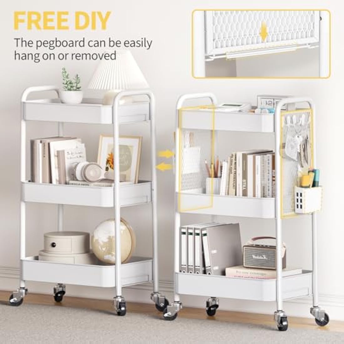 Urackify Storage Trolley on Wheels for Variety Applications, 3 Tier Trolley with Extra DIY Pegboards,Handing Bins, and Hooks for Living Room, Kitchen, Bathroom, Office, Classroom, White
