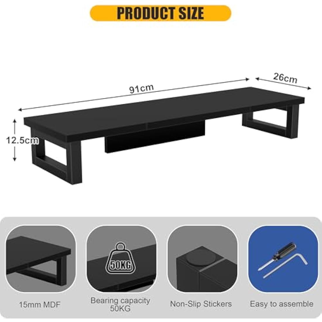 OYRREU Dual Monitor Stand, 91x26cm Desks Shelf, Double Monitor Riser for Laptop PC Computer Screen Monitor Stand Desktop Organiser for Working, Black