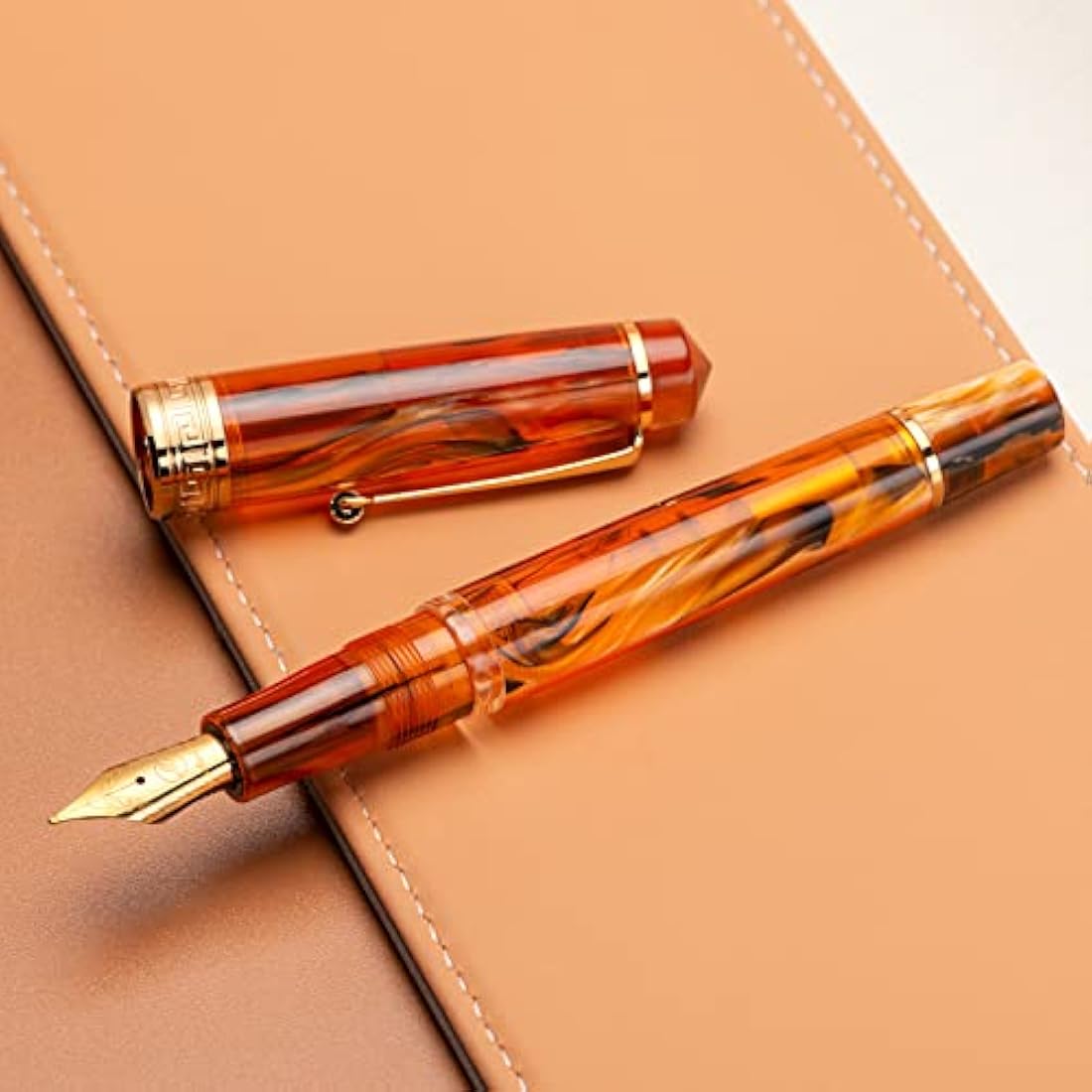 Asvine P20 Piston Fountain Pen Amber Resin, Iridium Medium Nib Gold Trim Smooth Writer Collection with Case Set