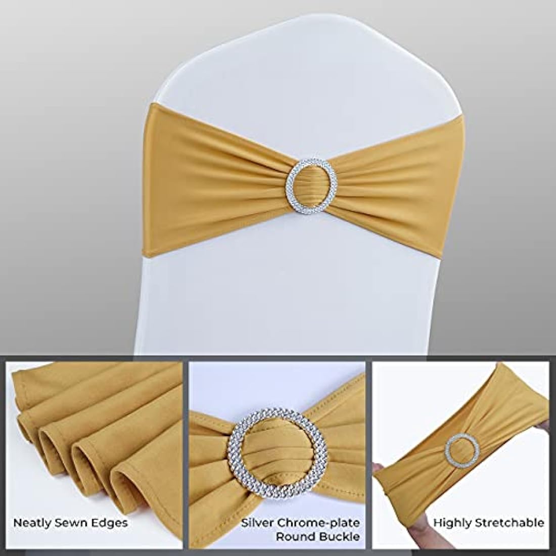 Babenest Spandex Chair Sashes Bows Premium Stretch Chair Cover Band with Buckle Slider Universal Elastic Chair Ties for Wedding Party Ceremony Reception Banquet Decoration (Gold, 100)