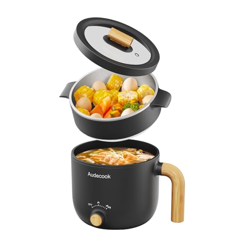 Audecook Electric Hot Pot with Steamer, 1.5L Portable Non-Stick Mini Multifunctional Cooker, Travel Electric Skillet with Dual Power Control for Ramen