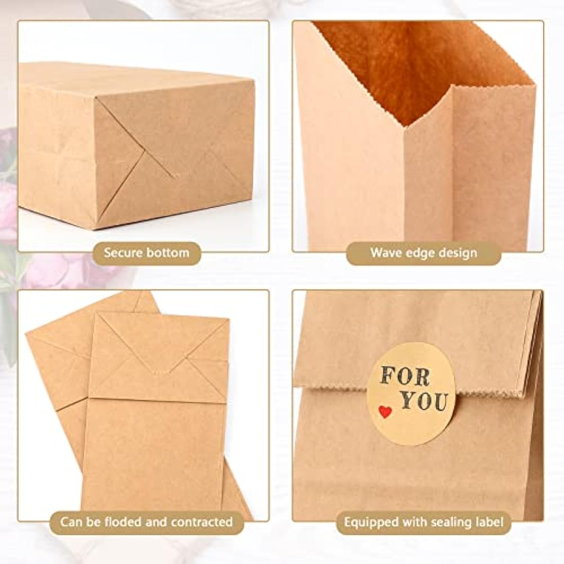 G2PLUS 50 PCS Brown Paper Bags - Small 9x6x18 CM Kraft Candy Bags with Stickers for Snack, Birthday, Wedding and Easter Xmas Party