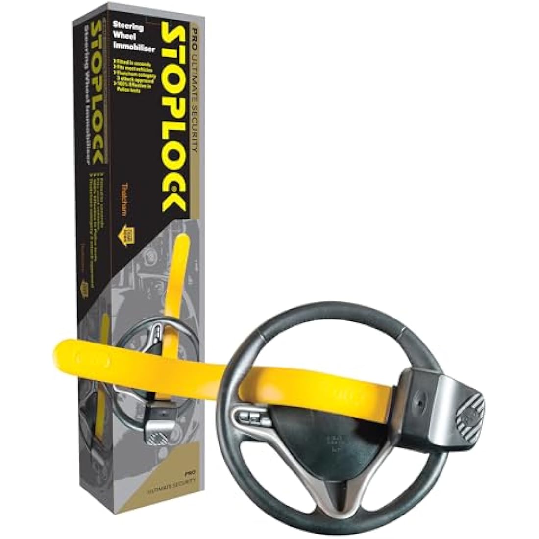 Stoplock 'Pro' Car Steering Wheel Lock W/Keys HG 149-00 - Anti-Theft Security Device - Vehicle Crime Prevention, Black and Yellow (Pack of 1)