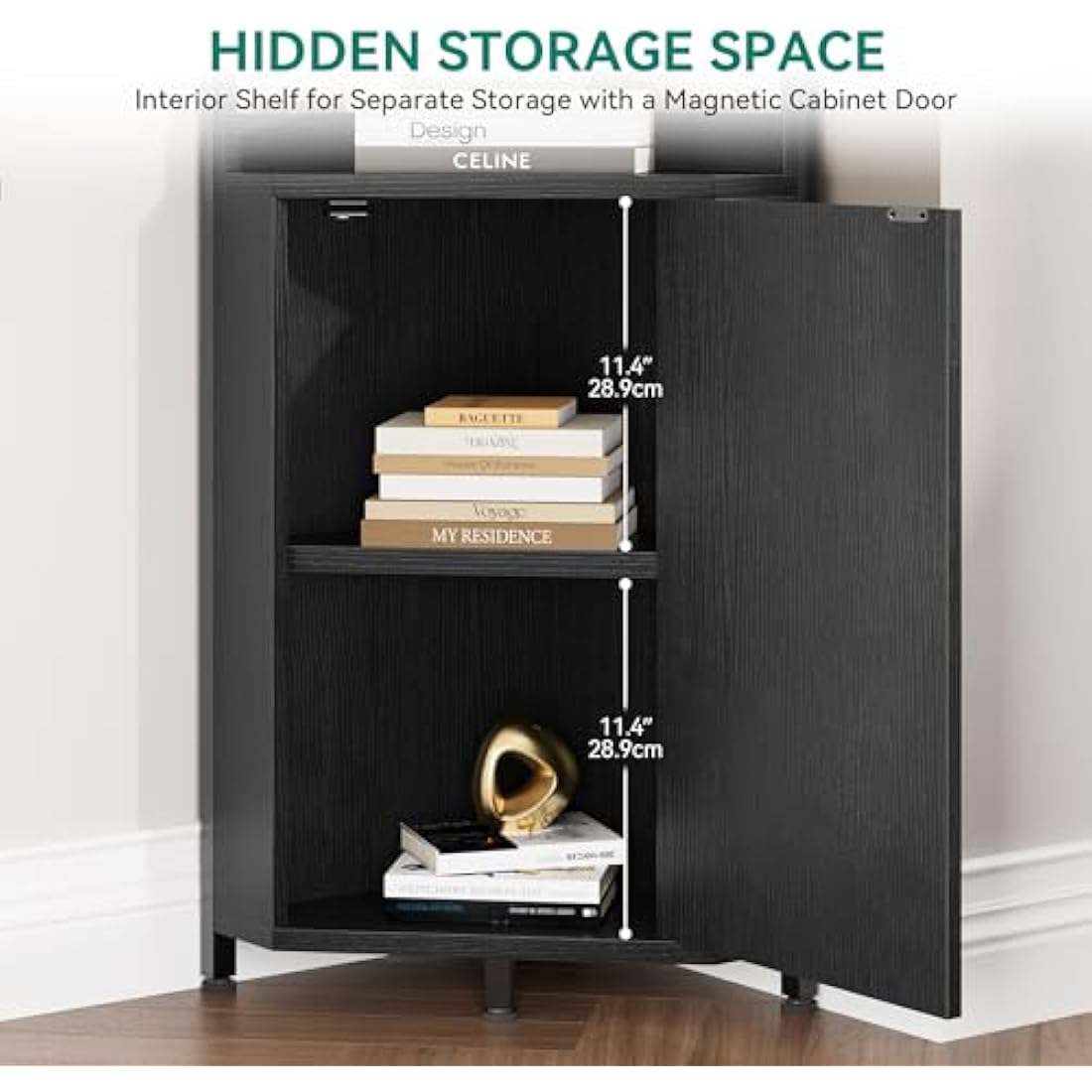 YITAHOME Corner Shelf 4 Tiers, Industrial Bookshelf with Cabinet Floorstanding Bookcase Wooden Storage Rack Shelving Units for Living Room, Home Office, Hallway, Black Book shelves