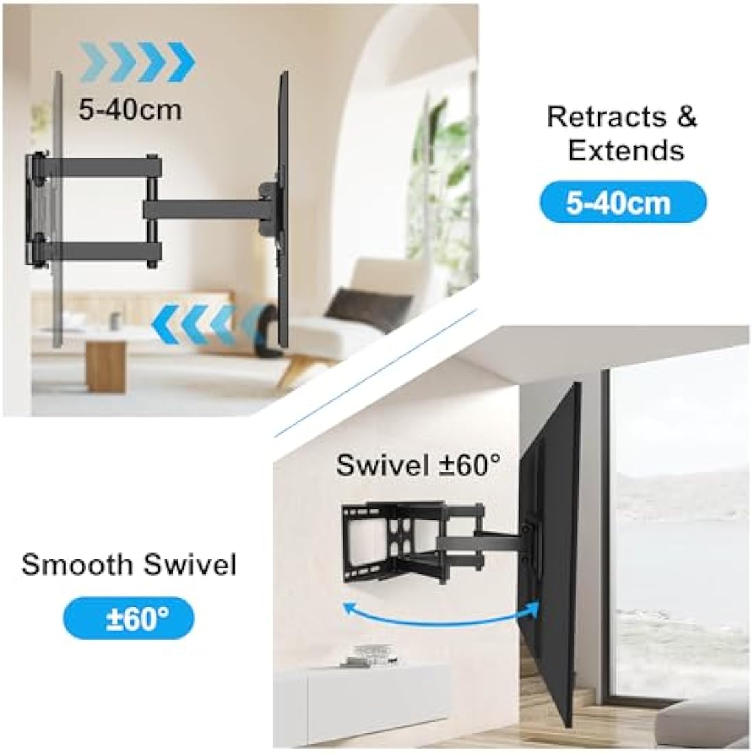 XINLEI TV Wall Bracket, Swivel Tilt TV Wall Mount for Most 26"-70" Flat/Curved Screens up to 45kg, Full Motion TV Bracket Fits 12”/16” Wood Stud, Max VESA 400x400mm(MA570)
