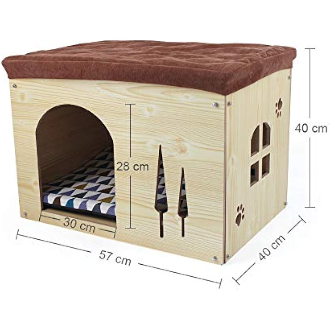 Cat Pet Bed House- Footstool Style Cat Cave Puppy Kennel, Foldable Pet House with Free Pet Cushion for Small Dogs Cats Rabbits Creative Wood Sitting Stool for Living Room Bedroom, Natural XL