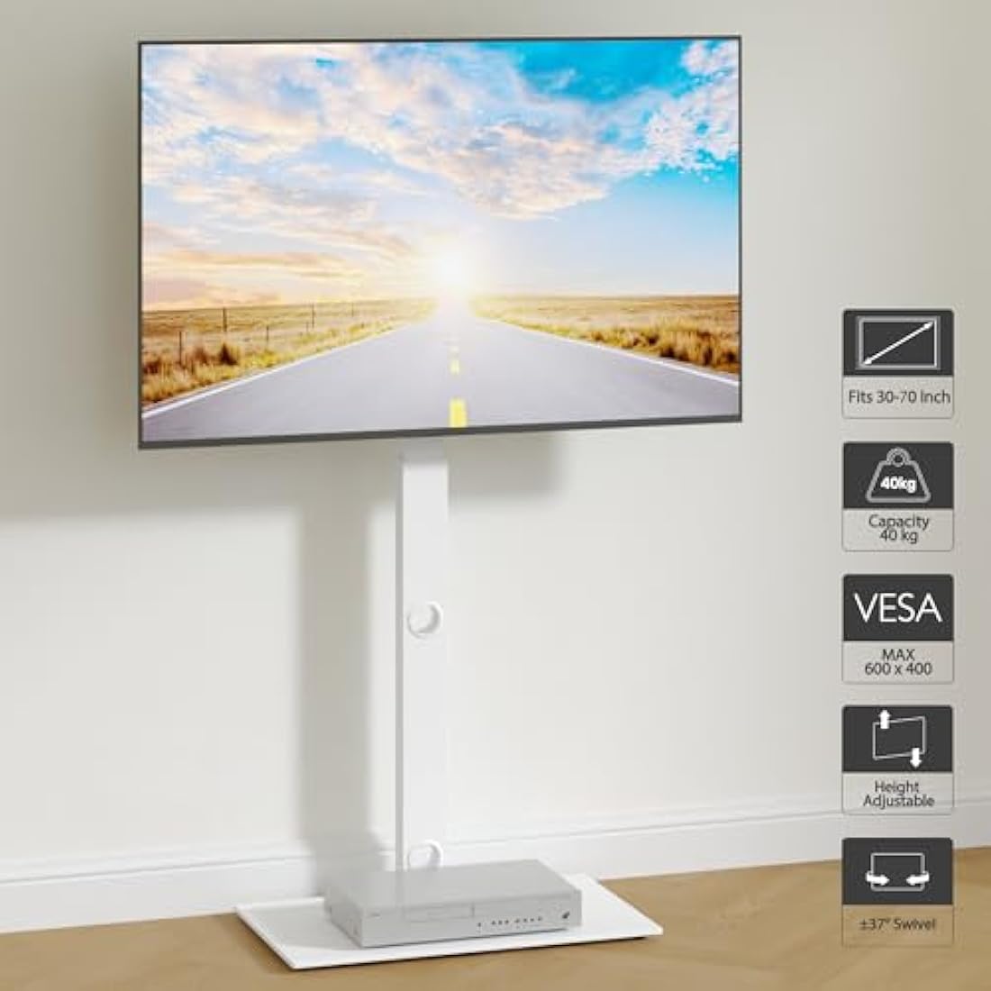 BONTEC TV Floor Stand for 30-70 inch LED LCD OLED Plasma Flat Curved TVs, Height Adjustable Tall TV Stand with Brackets up to 40kg, Max VESA 600x400mm White