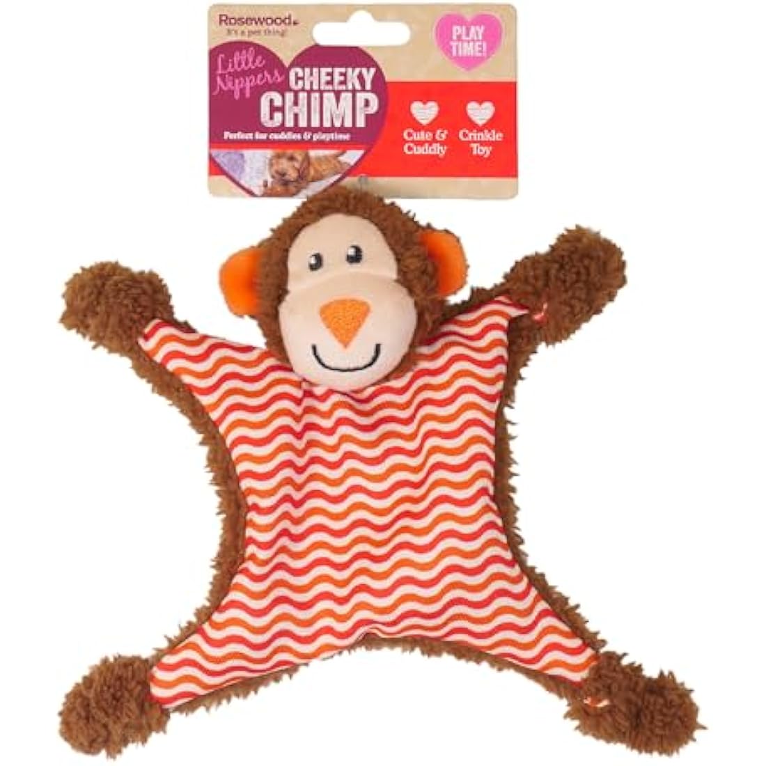 Rosewood Little Nippers Cheeky Chimp Puppy Toy – Enriching Soft Plush Dog Toy with Flat Body – Crinkle and Squeak Teething Toy for Puppies – Small Dog Chew Toy for Play and Comfort