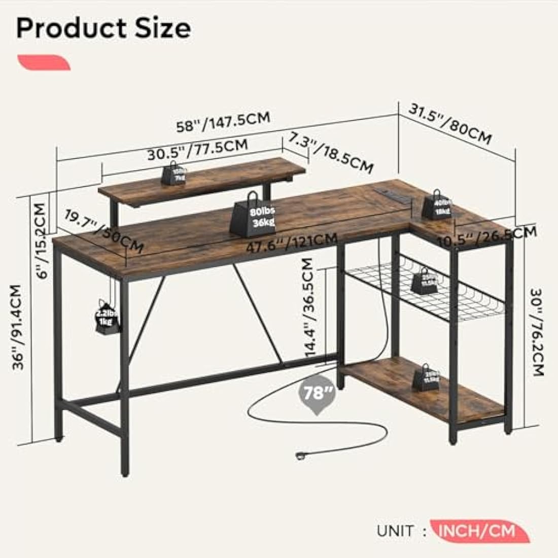 Bestier 147CM L-Shaped Desk with Power Outlets & LED Lights, Reversible Corner Computer Desk with Shelves & Hooks for Home Office or Bedroom Study
