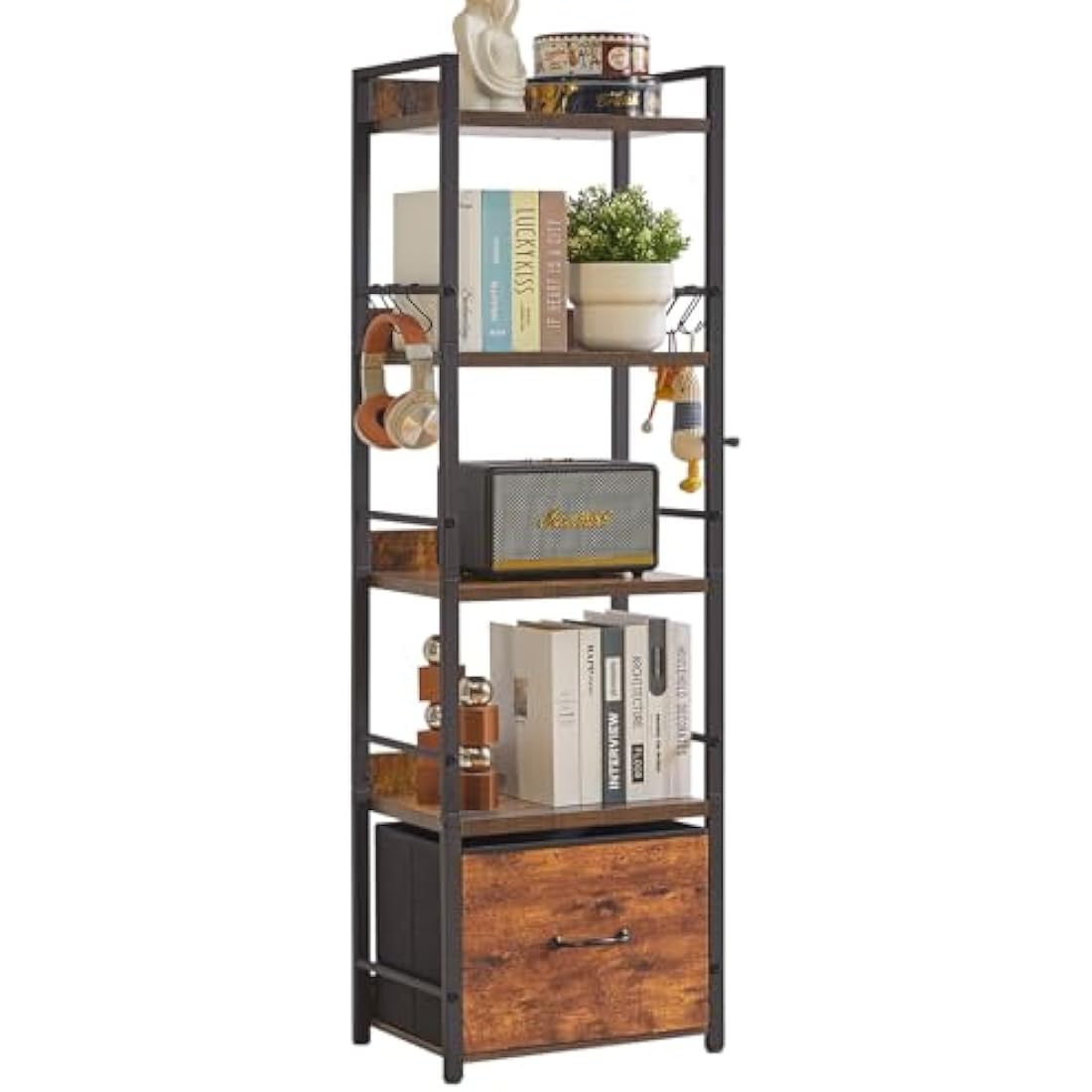 Aibiju Shelf Bookcase, 5-Tier Industrial bookshelf with Fabric Cloth drawers, Free Standing Shelf for Living Room, Bedroom, Kitchen,Office,Steel Frame, Rustic Brown YD-BC001H