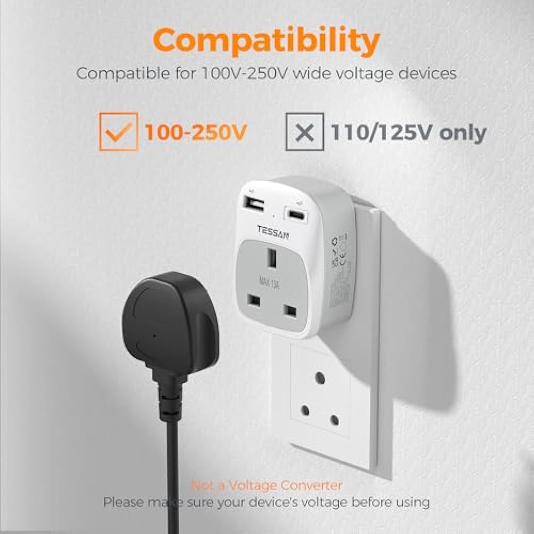 UK to India Plug Adapter 2 Pack, TESSAN Indian Travel Adapter with 2 USB Ports(1 USB C), Plug Socket Adaptor UK to Sri Lanka, Pakistan, Burma, Maldives, Iraq, Namibia, Nepal, Yemen, Zambia (Type D)