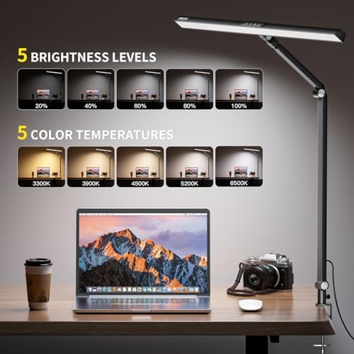 CHICLEW LED Desk Lamp for Home Office, 5 Colors Lighting 5 Brightness Levels Eye-Caring Task Architect Reading Table Lamps, Adjustable Clamp Light for Study Work, Touch Control