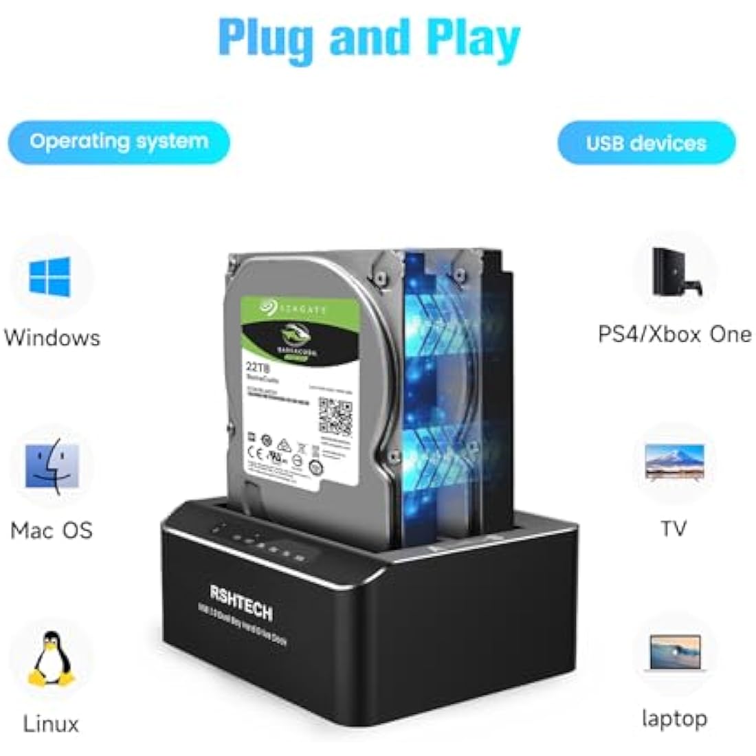 RSHTECH Hard Drive Docking Station Dual Bay, Aluminum External 2.5 & 3.5 inch SATA HDD/SSD Enclosure , USB 3.0 Type-C/A to SATA HDD Caddy, Supports UASP, Offline Clone, Tool-Free, 2x 22TB (RSH-DS01C)