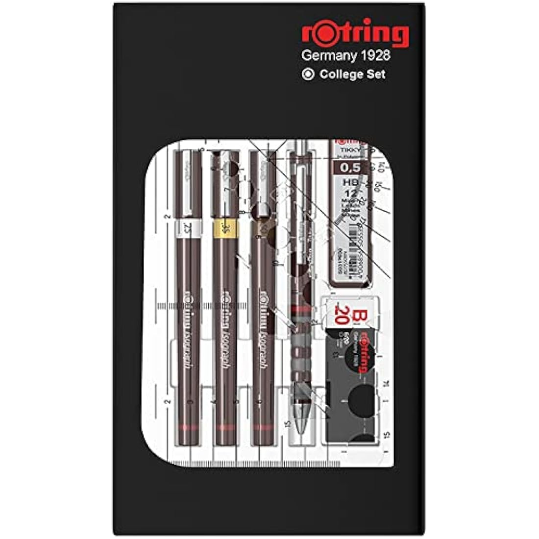 rOtring Isograph Fineliner Pen & Pencil College Set | 3 Technical Pens (0.25mm, 0.35mm, 0.50mm) and Mechanical Pencil (0.5mm) + Accessories