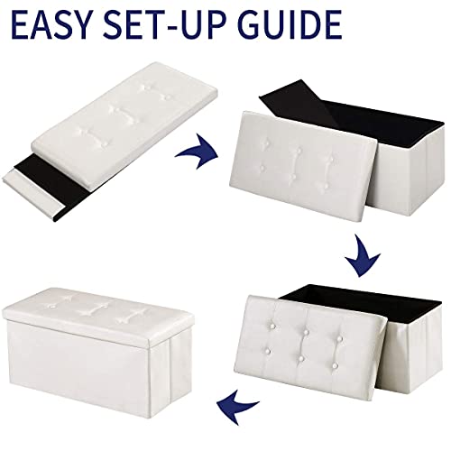BRIAN & DANY Ottoman Footstools Folding Storage Box with Lid, Large Storage Seat Faux Leather Footstool Toy Storage Box, White, 76 x 38 x 38 cm