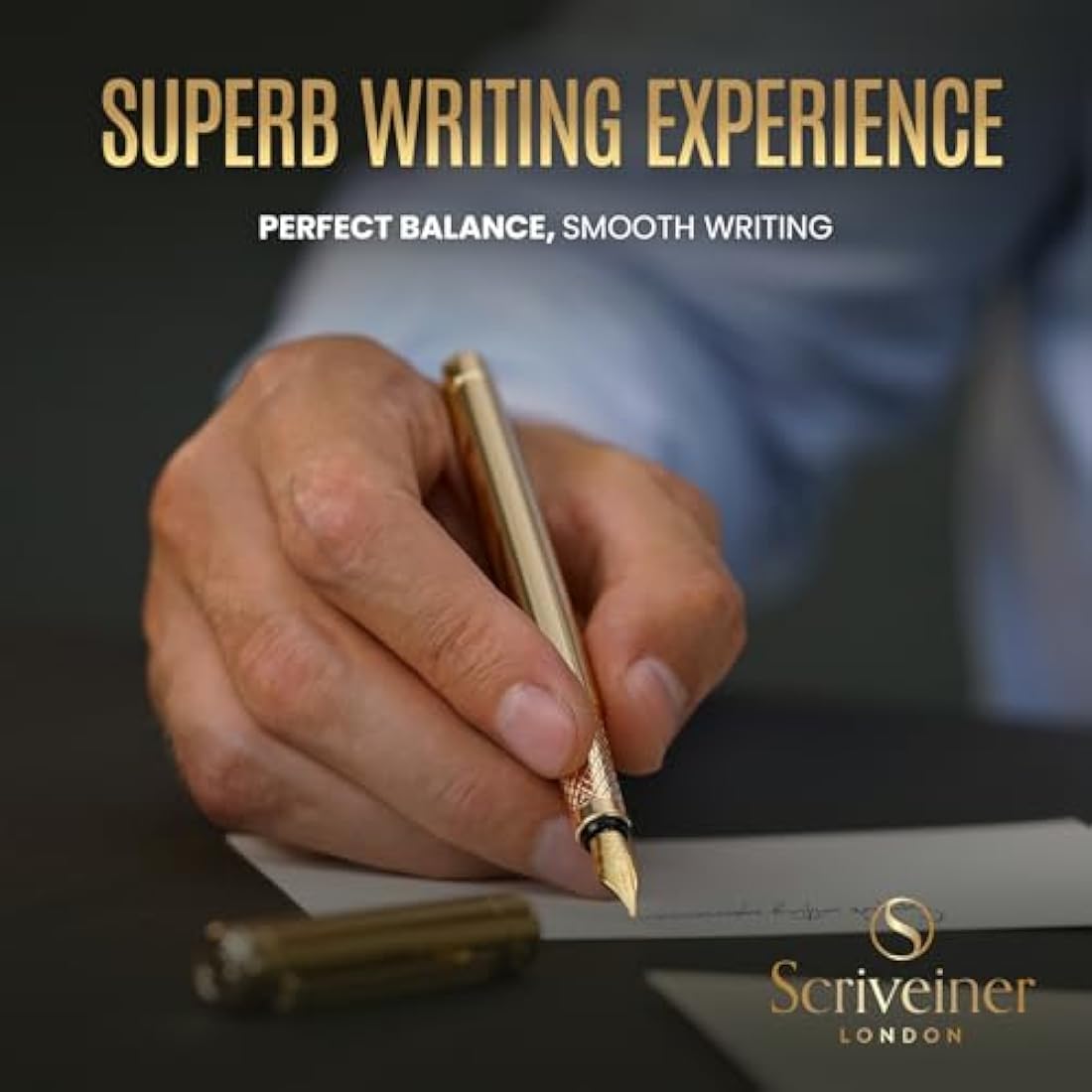 Scriveiner Luxury Fountain Pen - Stunning Gold Pen, Real Gold Plating, Schmidt Gilded Nib (Fine), Converter, Best Pen Gift Set for Men & Women, Professional, Executive, Office, Nice Pens
