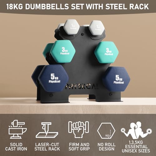 PhysKcal Blue 18kg Dumbbells Set, 2 x 1kg, 2 x 3kg, 2 x 5kg Dumbbells Weights Set with Steel Rack, Hand Weights with Storage Rack