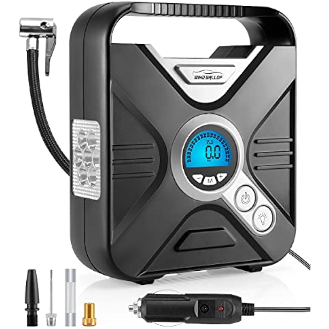 WindGallop Car Tyre Inflator Air Compressor Tyre Pump 12V Electric Car Air Pump for Car Tyres Bike Tyres with Digital Tyre Pressure Gauge and Inflator Valve Adaptors LED Light