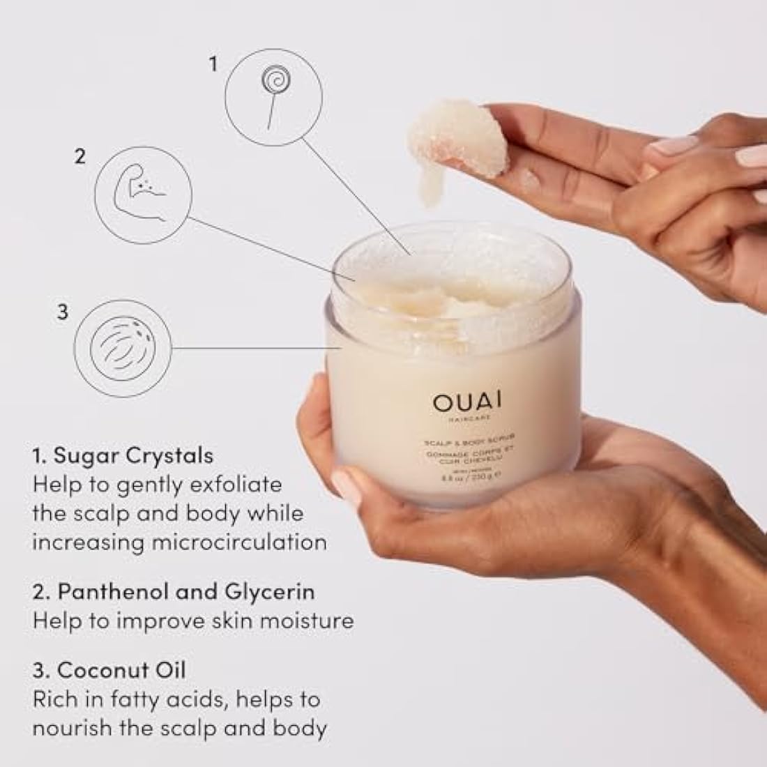 OUAI Scalp & Body Scrub - Melrose Place - Exfoliating Body Polish with Sugar & Coconut Oil Blend for Smooth, Moisturized Skin - Gentle Scalp Exfoliator for Removing Product Build Up (250g)