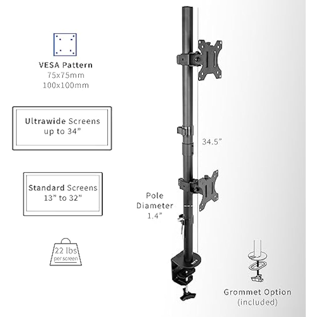 Vivo Dual LCD Monitor Desk Mount Stand Heavy Duty Stacked, Holds Vertical 2 Screens up to 32" (STAND-V002T)