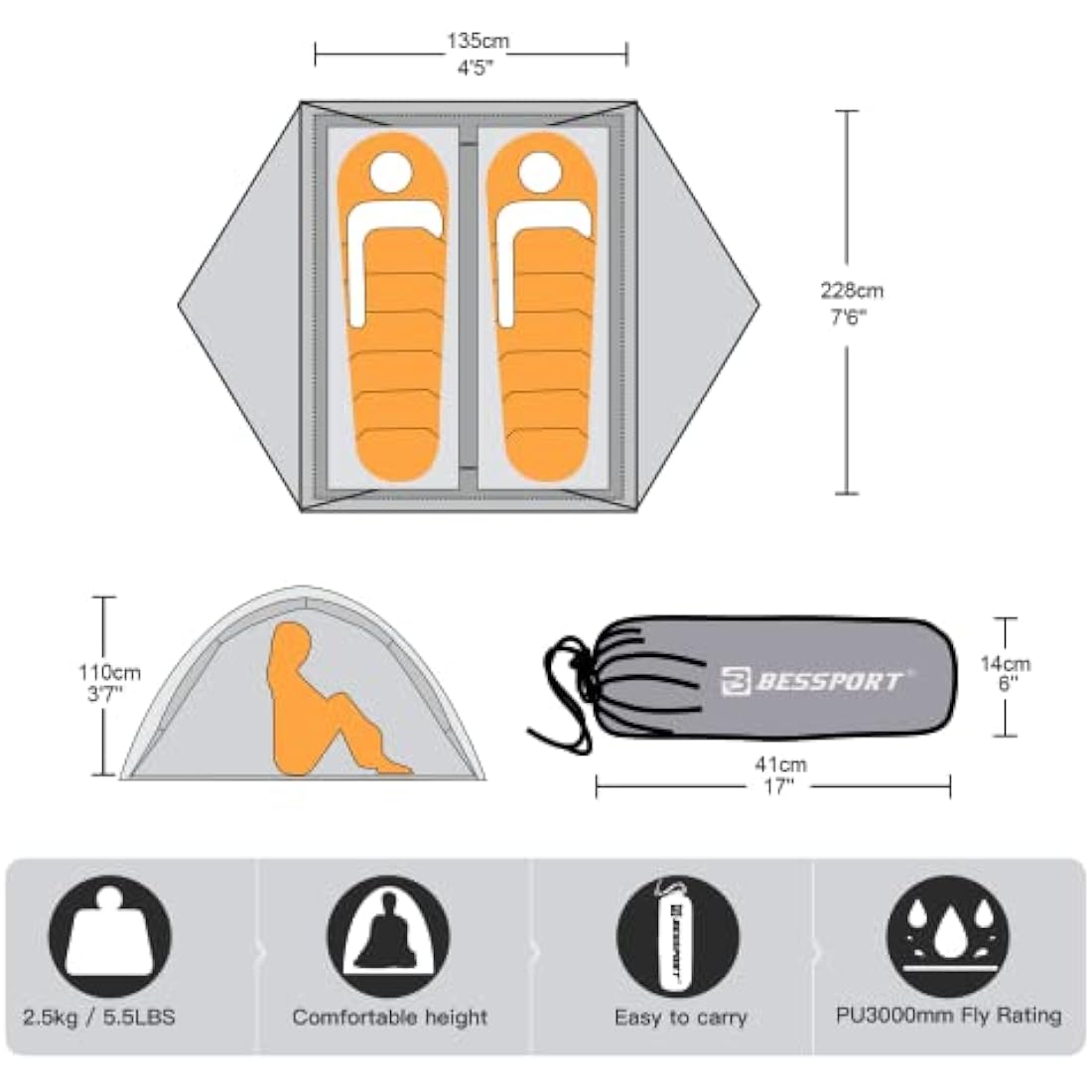 Bessport Tent 2/3 Person Camping Tent 2 Doors Ultralight Waterproof Lightweight and Easy to Build Ventilated 4 Seasons Dome Tent Suitable for Outdoor Hiking and Mountaineering