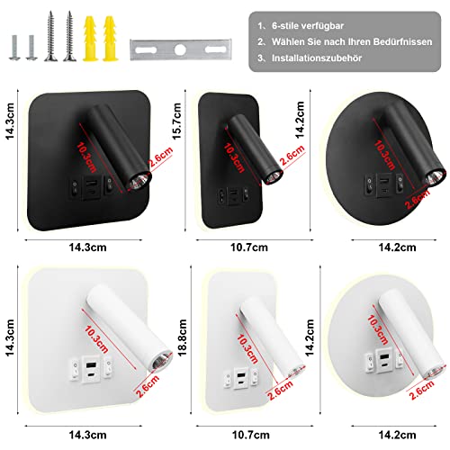 uksunvi LED Reading Lamp Wall Lamp USB Type-C Two Charge Mouth Switch Adjustable 12W LED Spotlight 3000K Wall Lamp Aluminum Bed Lamp Rotatable (Round