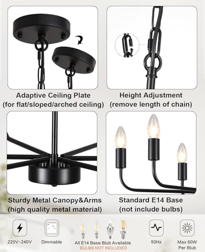 MRHYSWD Black Chandeliers Ceiling Lights Living Room, 6 Lights Pendant Light Fitting Industrial Ceiling Lighting for Kitchen Dining Room Bedroom Hall, Height Adjustment, E14 Bulbs (Exclude)