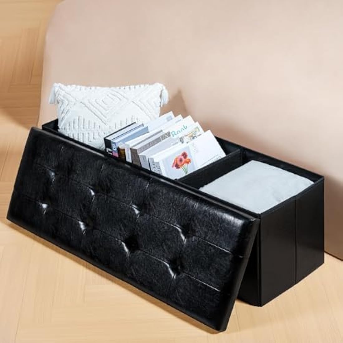 Bonlife End of Bed Storage Bench,Folding Black Ottoman Seat,Toy Chest Box Bedside Table Faux Leather Footstool for Living Room,110x38x38cm