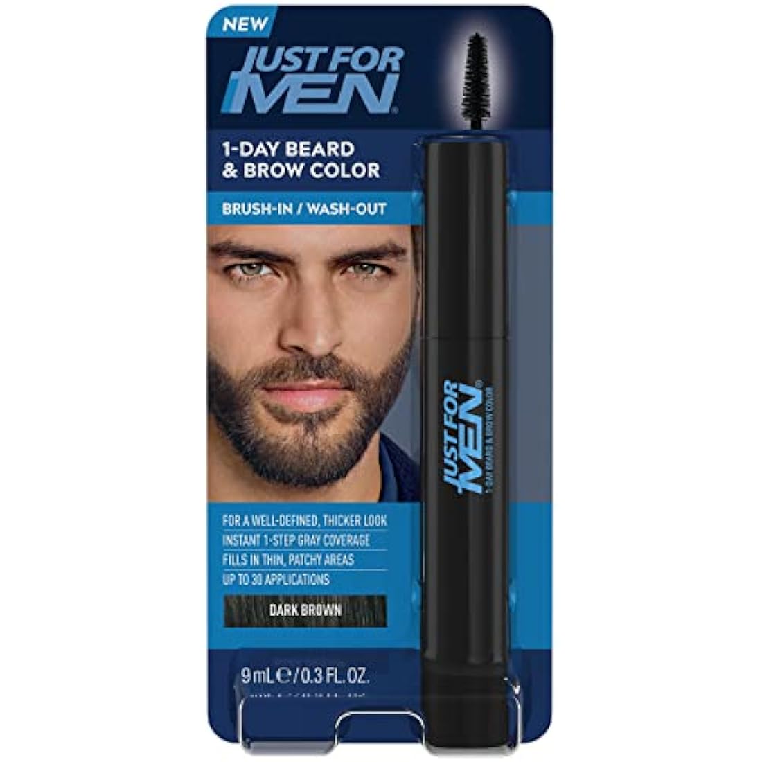 Just For Men 1-Day Beard and Brow Colour Brush, For Instant 1-Step Grey Coverage, Brush-In, Wash-Out, For A Thicker Well-Defined Look, Dark Brown