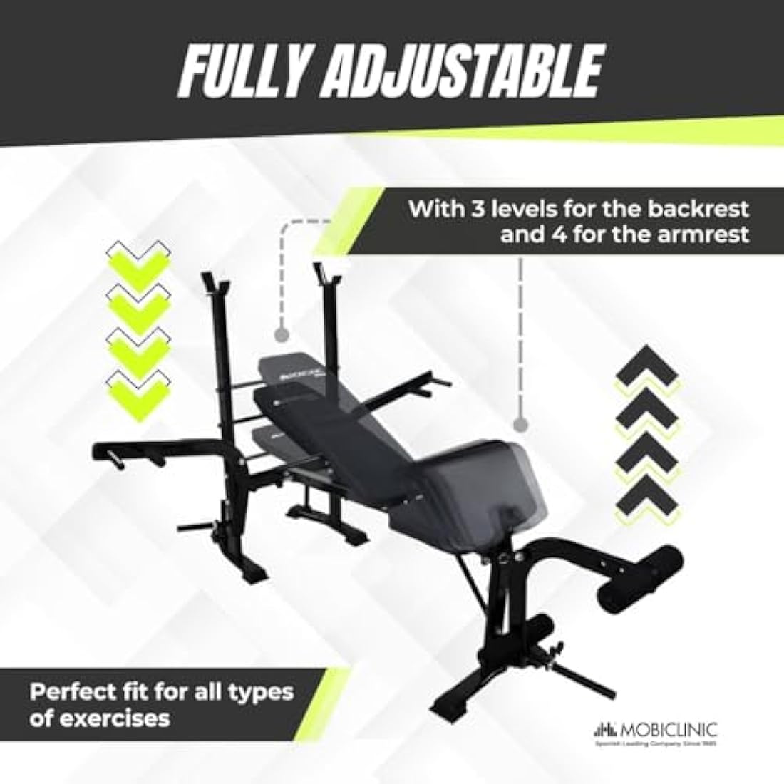 Mobiclinic® Fitness Gym Bench Multi-Function Pressfit, Adjustable, Foldable, Steel, Supports Up to 250 kg, Bar Support, Ideal for Strength Exercises at Home