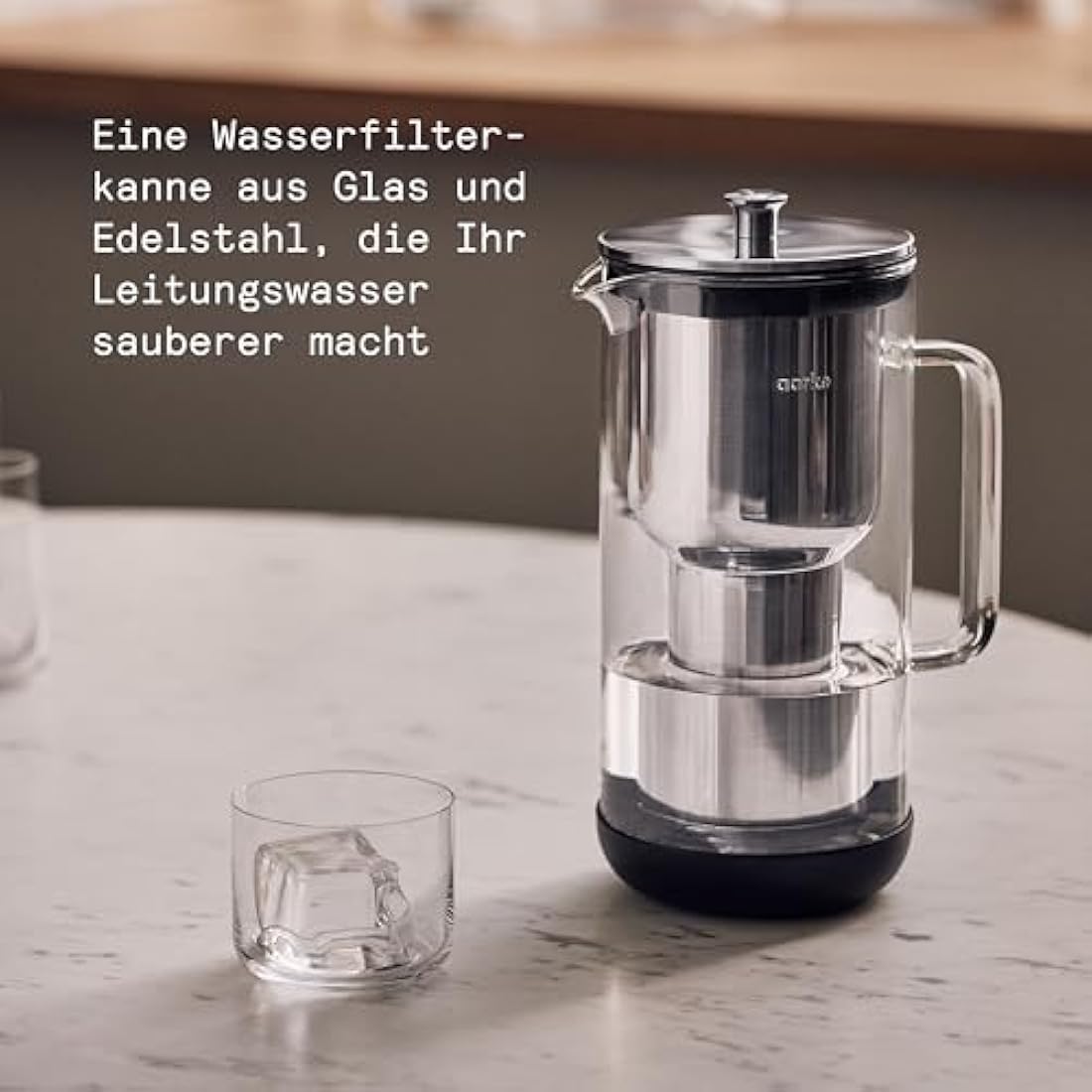 Aarke Purifier Water Filter Jug 1.2L/5 cups Glass & Stainless Steel – Includes Pure Filter Refill Bag