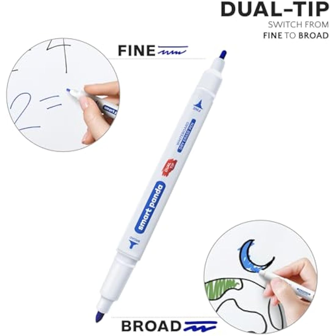 Smart Panda 24 Whiteboard Pens Dual Tip, Thin Erasable Markers, Medium and Fine – Dry Erase Colour Markers for Kids - 24 Set