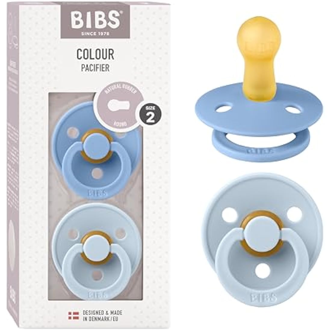 BIBS Colour Soother 2-Pack, BPA Free Dummy Pacifier, Round Nipple. Natural Rubber Latex, Size 2 (6-18 Months), Sky Blue/Baby Blue