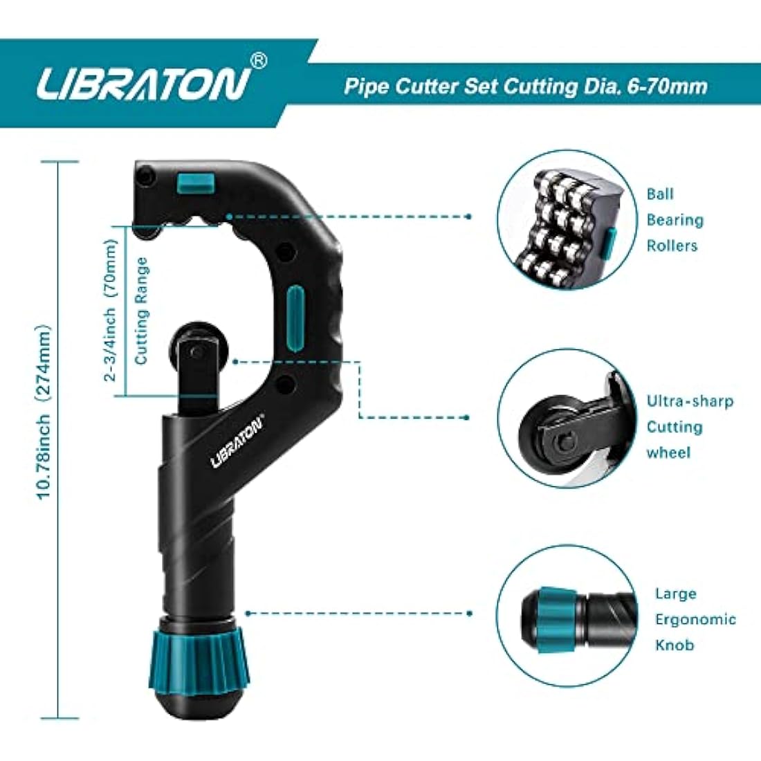 Libraton Copper Pipe Cutter, Tube Cutter 6-70mm, Stainless Steel Pipe Cutter Heavy-Duty, with High-Speed Steel Deburring Tool, for Copper Pipe, PVC Pipe and Thin Stainless Steel Tube