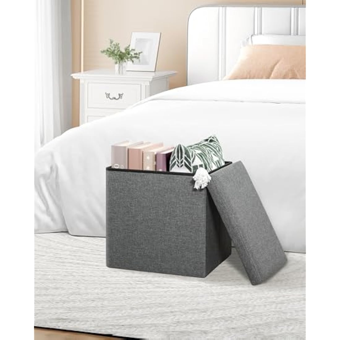 Bonlife Grey Ottoman Coffee Table,Toy Storage Box with Lid,Foldable Stool Seat Footstool with Storage,for Living Room,Bedroom,40.5x38.5x38cm